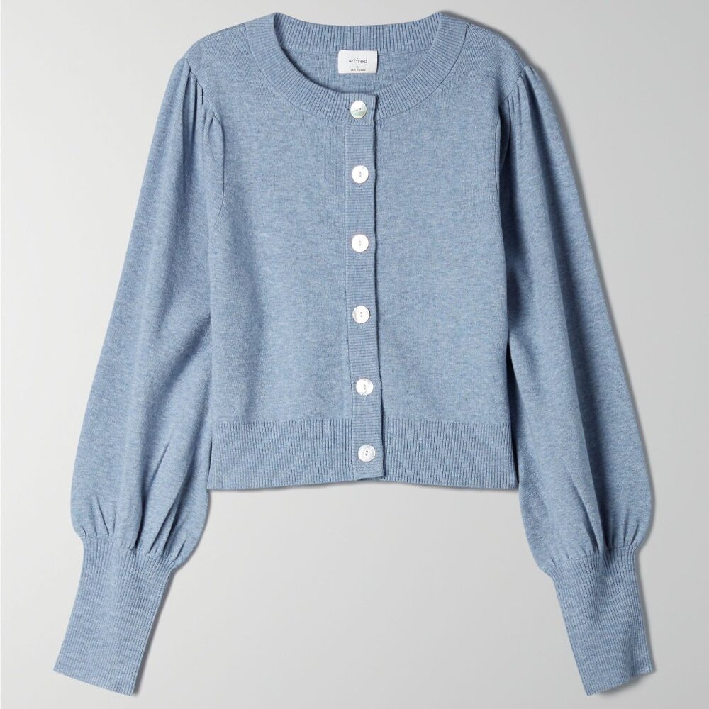 Aritzia Wilfred Alessia puff sleeve cardigan sweater granite blue XXS